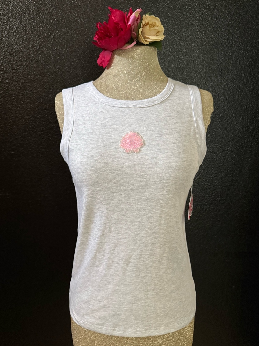 Lucky Brand White Tank Top with Pink Shell Embroidery